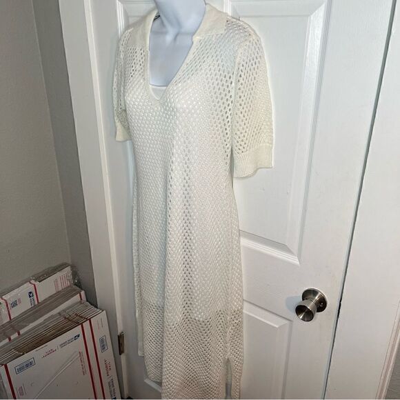 Steve Madden Short Sleeve Open Crochet Knit Midi Dress Ivory White M - Picture 6 of 11